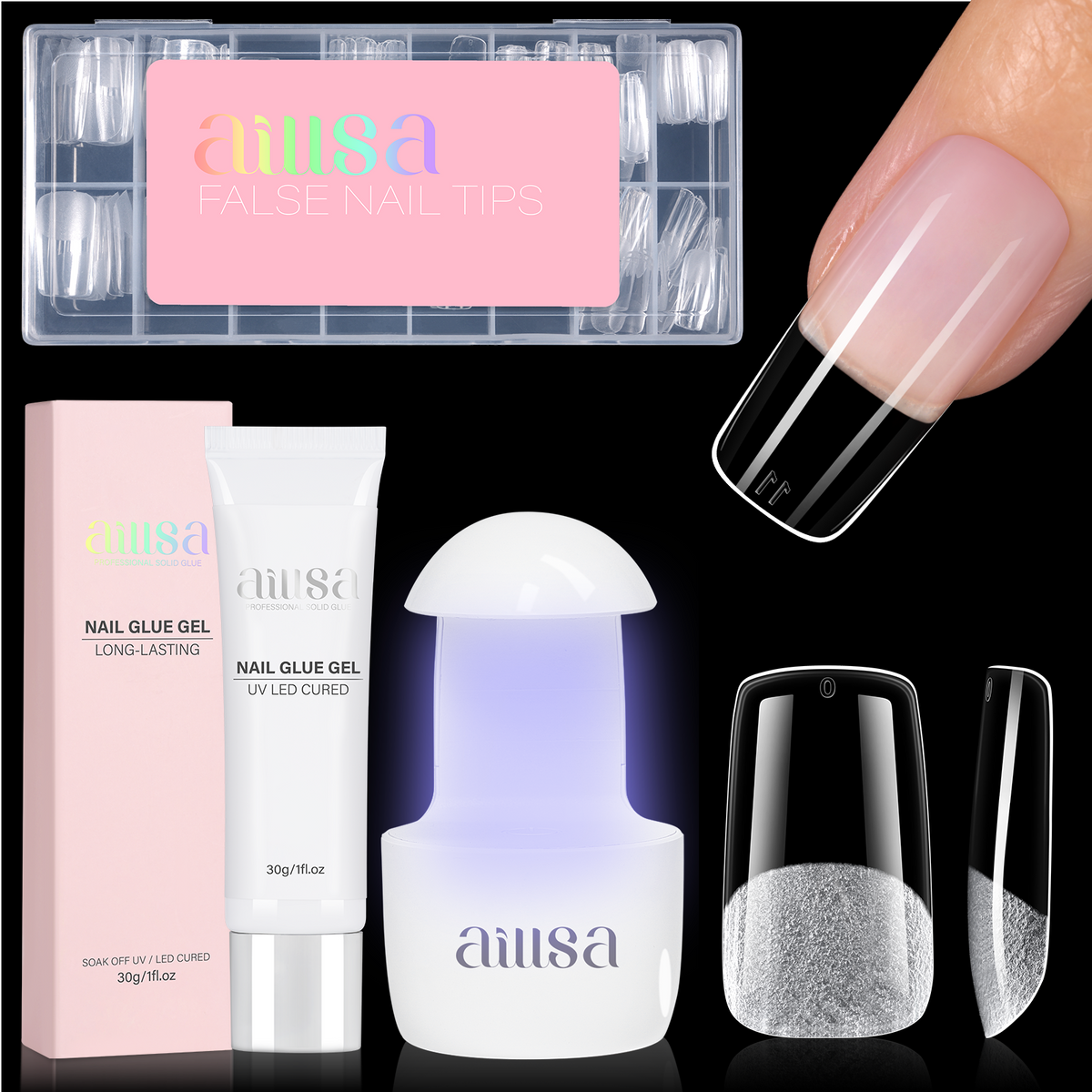 Nail Tips Set With Mini UV Cure Lamp & 30g Strong Solid Nail Glue 
