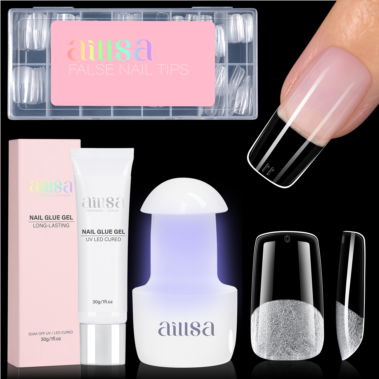 Nail Tips Set With Mini UV Cure Lamp & 30g Strong Solid Nail Glue 
