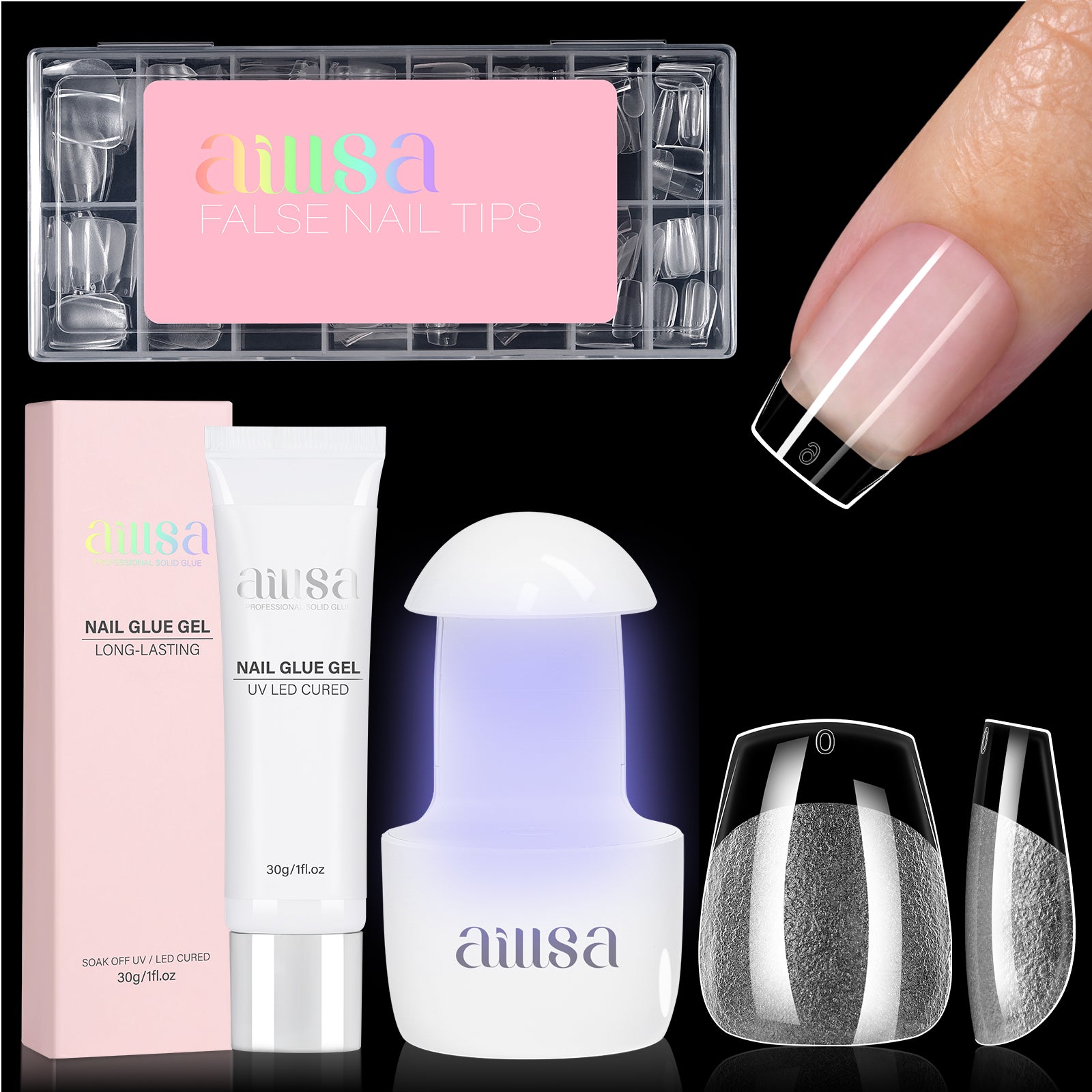 Nail Tips Set With Mini UV Cure Lamp & 30g Strong Solid Nail Glue 