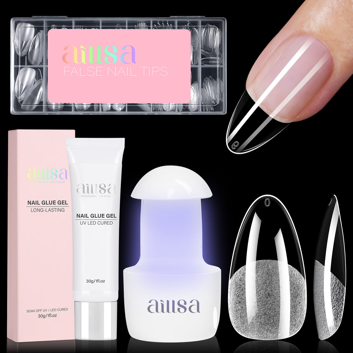 Nail Tips Set With Mini UV Cure Lamp & 30g Strong Solid Nail Glue 