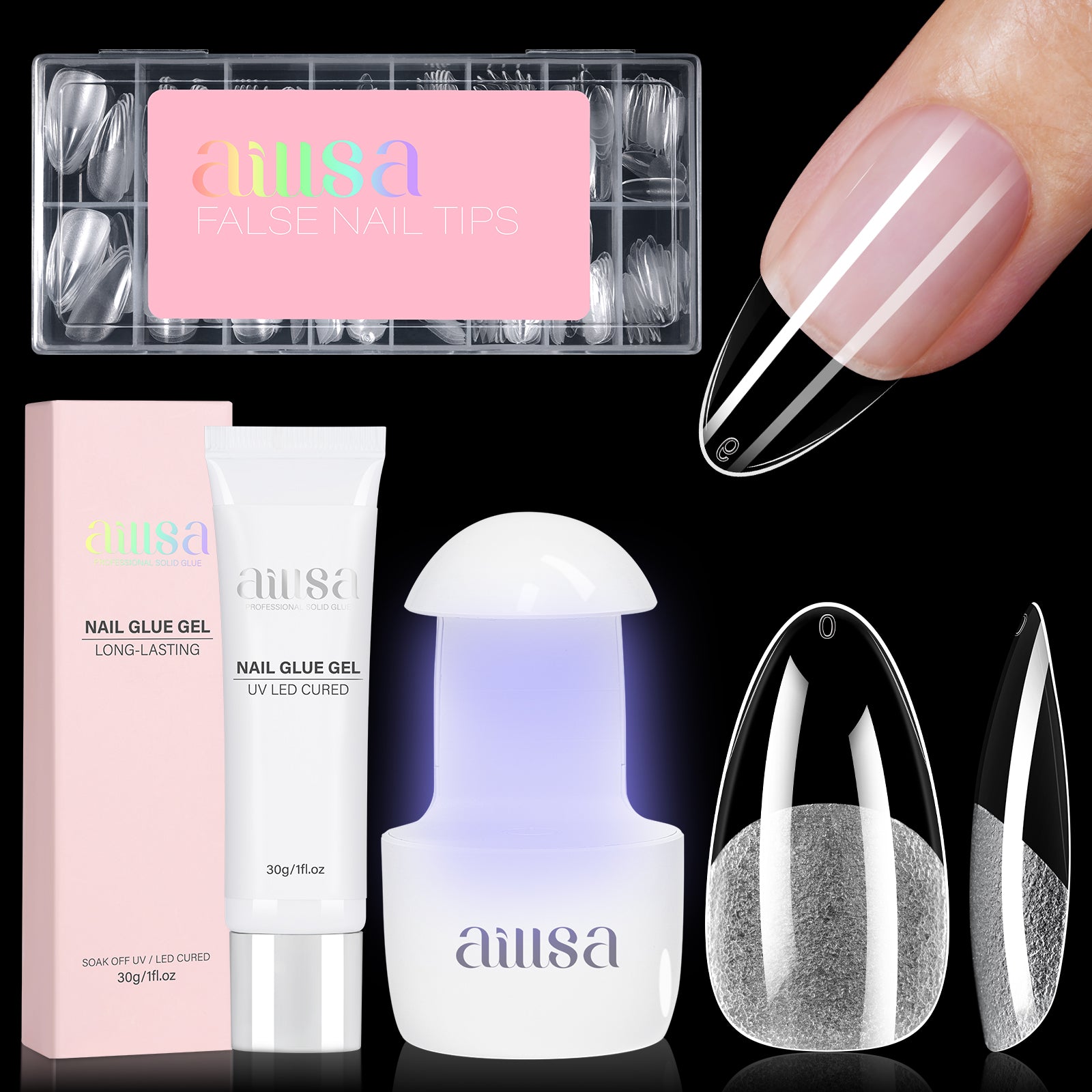 Nail Tips Set With Mini UV Cure Lamp & 30g Strong Solid Nail Glue 