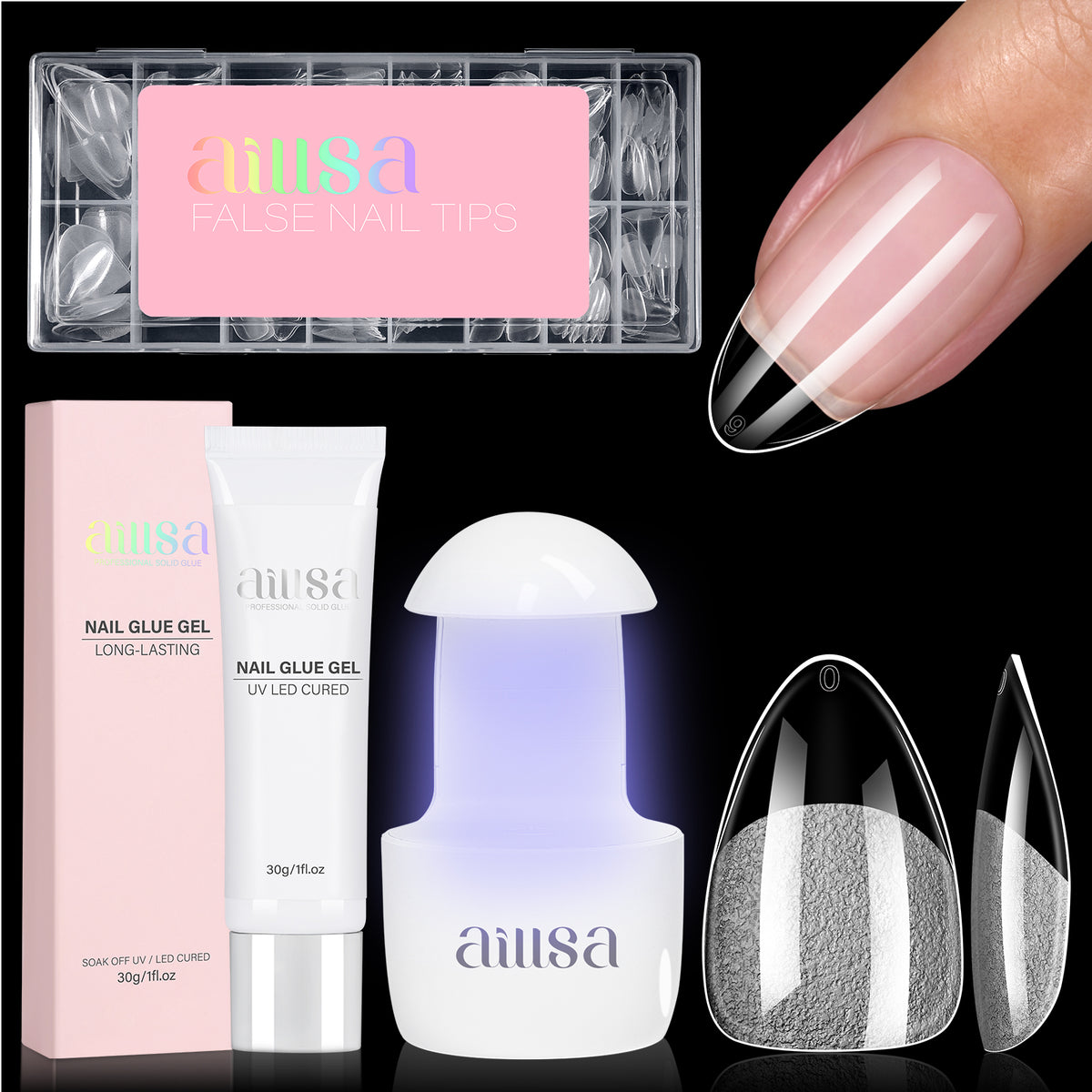 Nail Tips Set With Mini UV Cure Lamp & 30g Strong Solid Nail Glue 