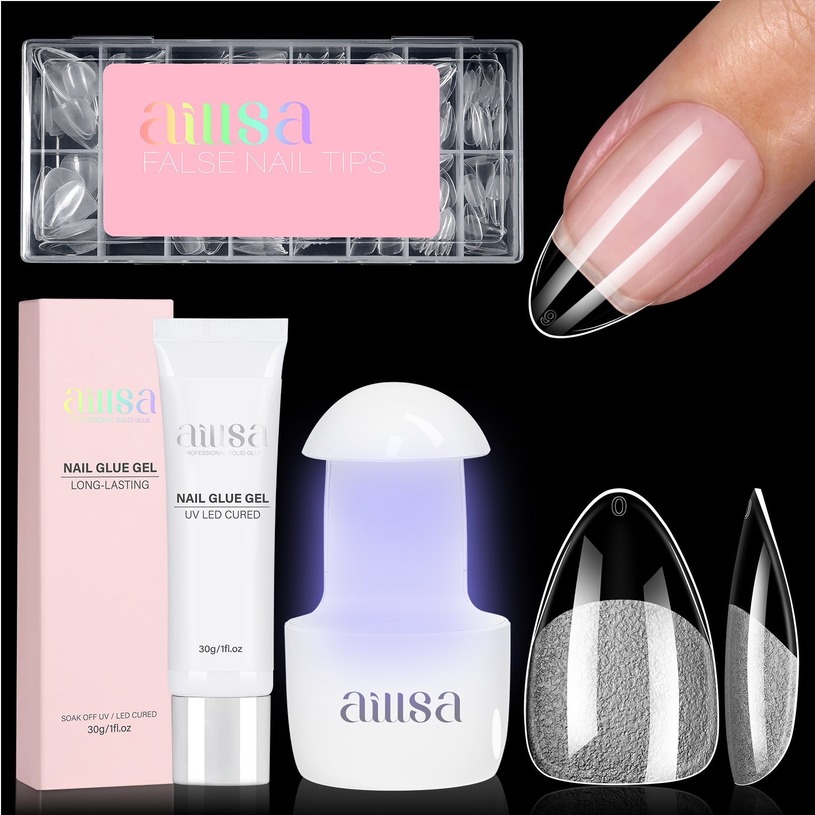 Nail Tips Set With Mini UV Cure Lamp & 30g Strong Solid Nail Glue 