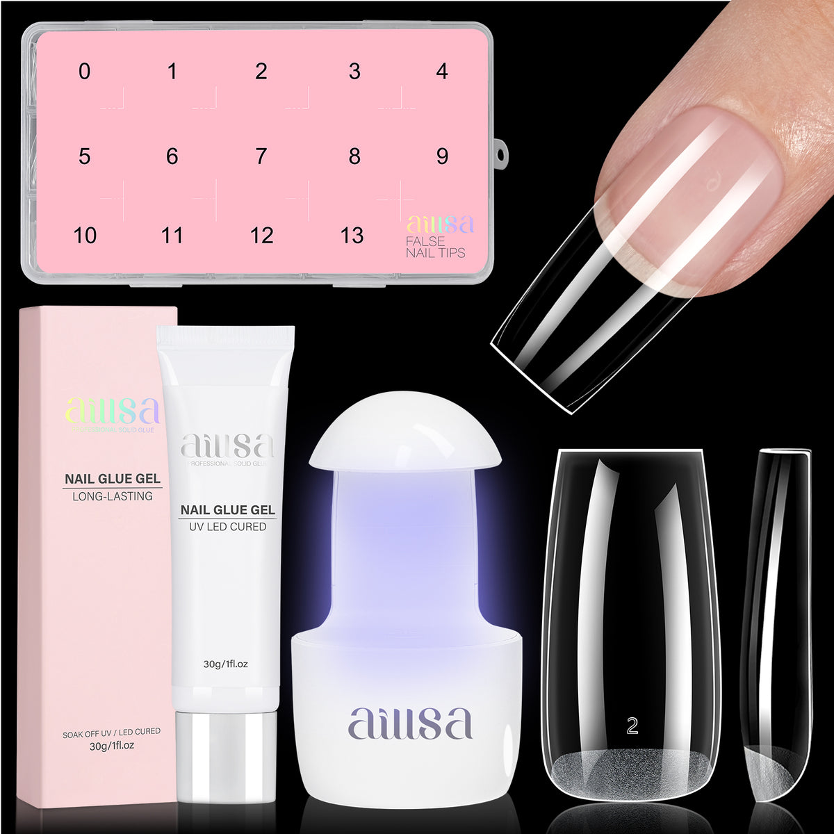 Nail Tips Set With Mini UV Cure Lamp & 30g Strong Solid Nail Glue 