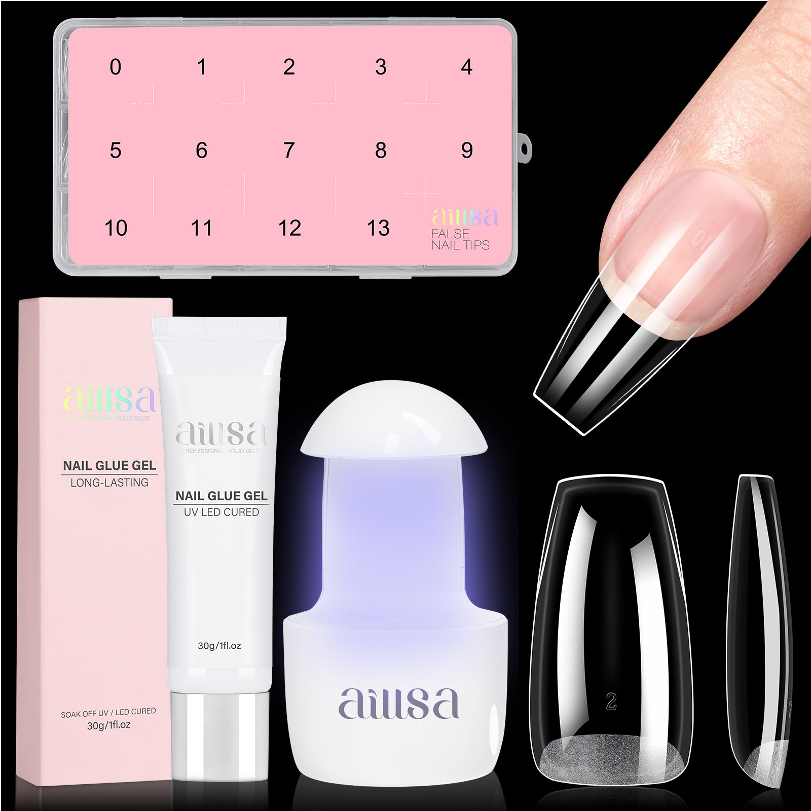 Nail Tips Set With Mini UV Cure Lamp & 30g Strong Solid Nail Glue 