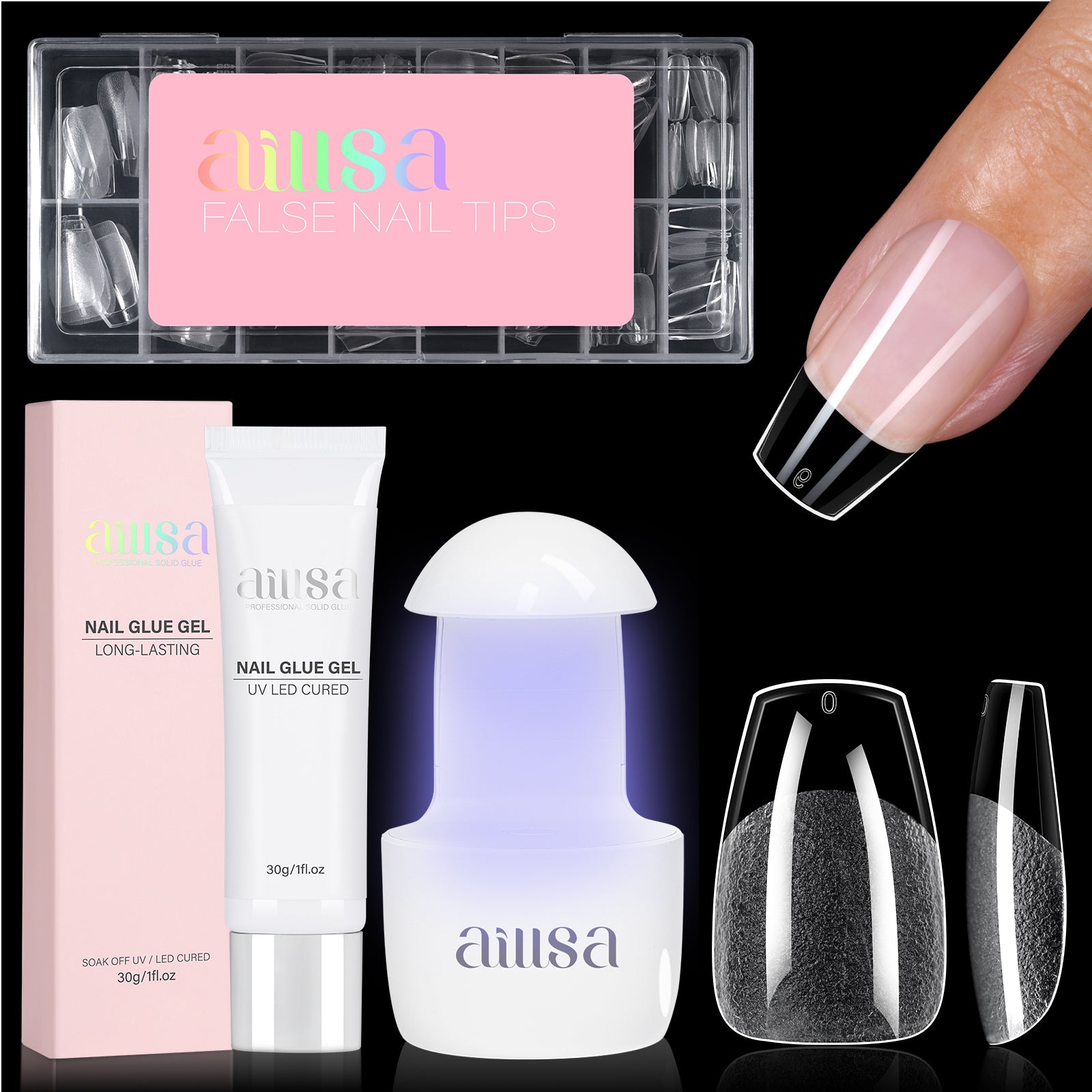 Nail Tips Set With Mini UV Cure Lamp & 30g Strong Solid Nail Glue 