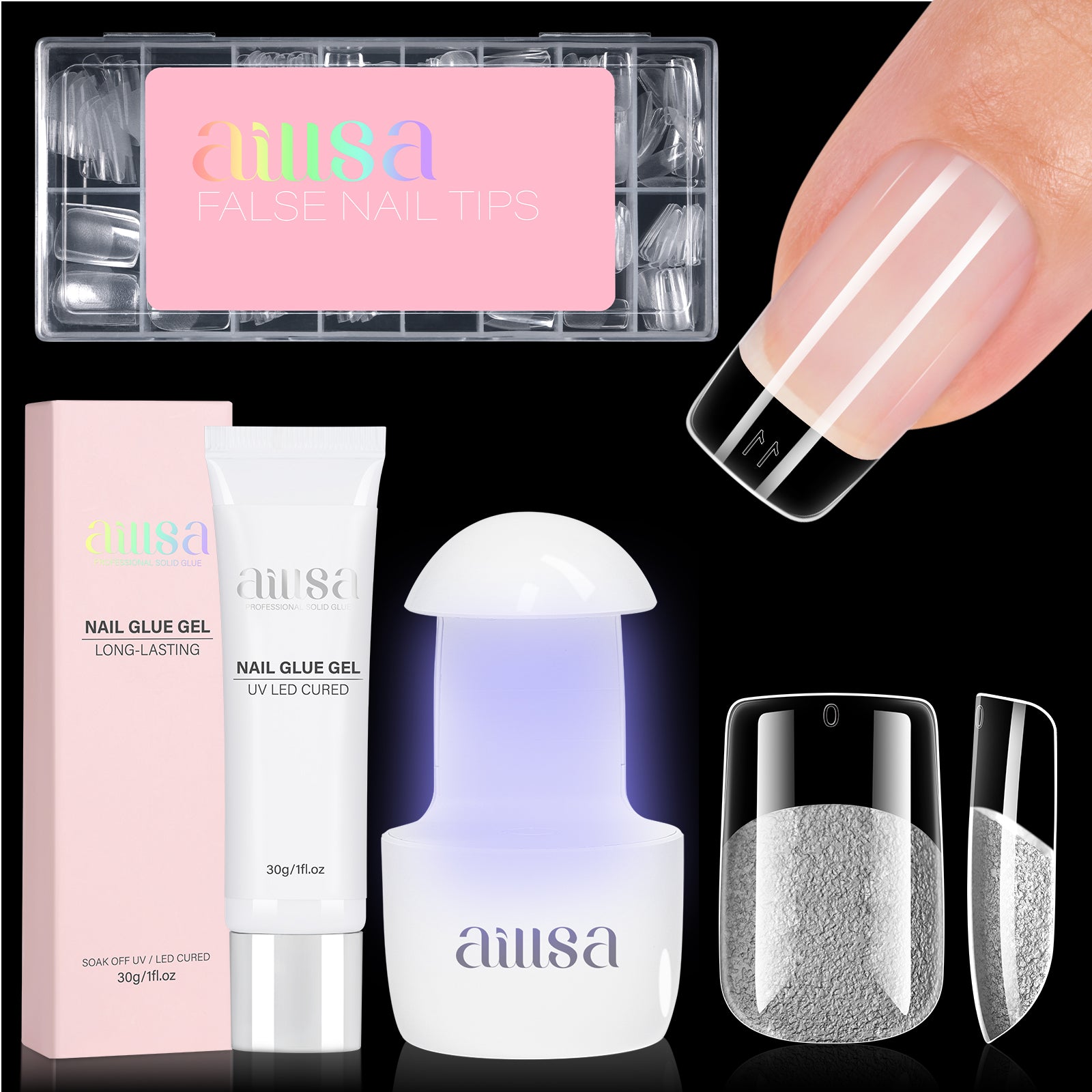 Nail Tips Set With Mini UV Cure Lamp & 30g Strong Solid Nail Glue 