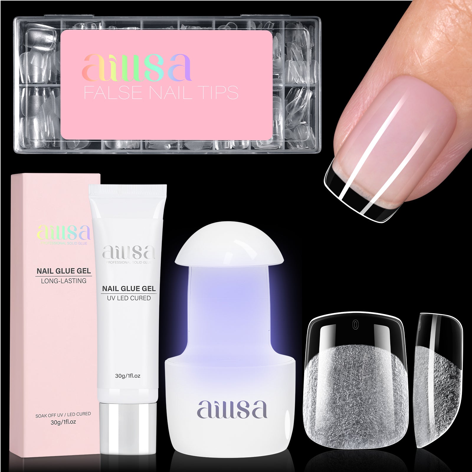Nail Tips Set With Mini UV Cure Lamp & 30g Strong Solid Nail Glue 