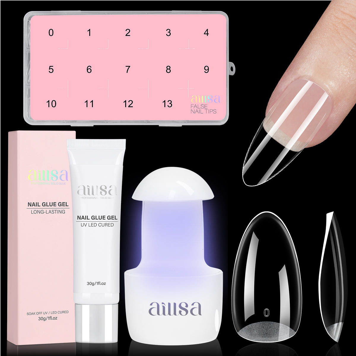 Nail Tips Set With Mini UV Cure Lamp & 30g Strong Solid Nail Glue 