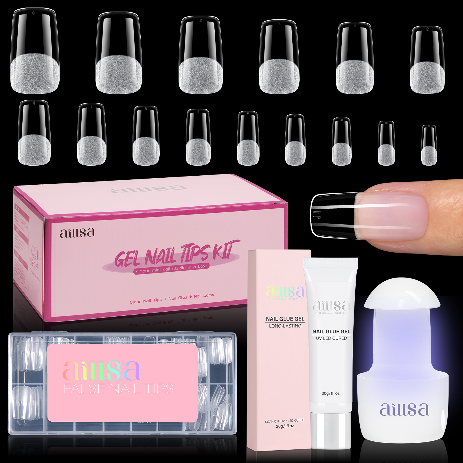 Nail Tips Set With Mini UV Cure Lamp & 30g Strong Solid Nail Glue 
