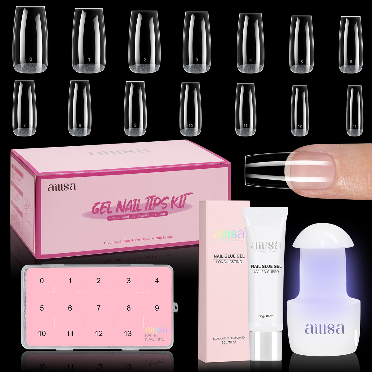 Nail Tips Set With Mini UV Cure Lamp & 30g Strong Solid Nail Glue 