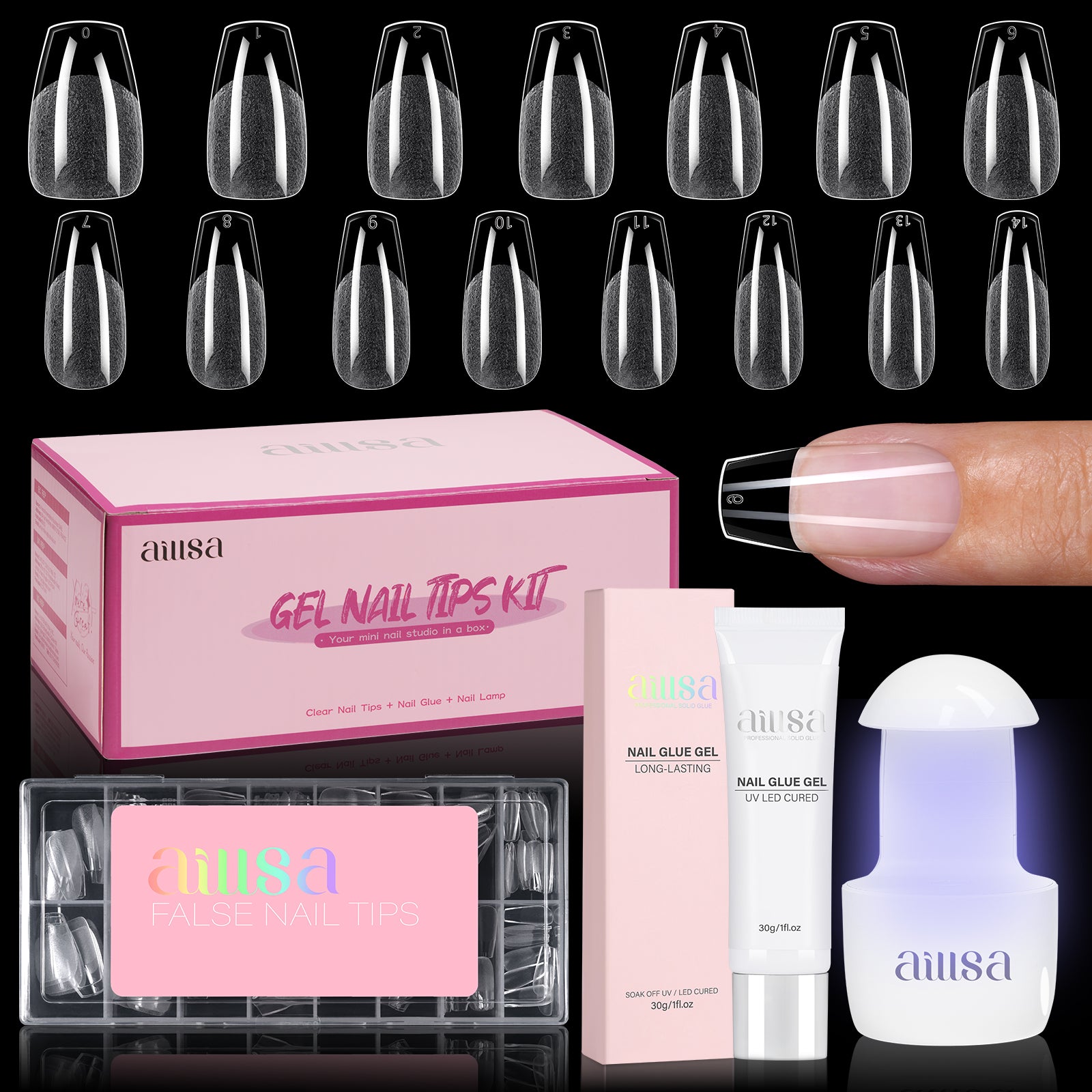 Nail Tips Set With Mini UV Cure Lamp & 30g Strong Solid Nail Glue 