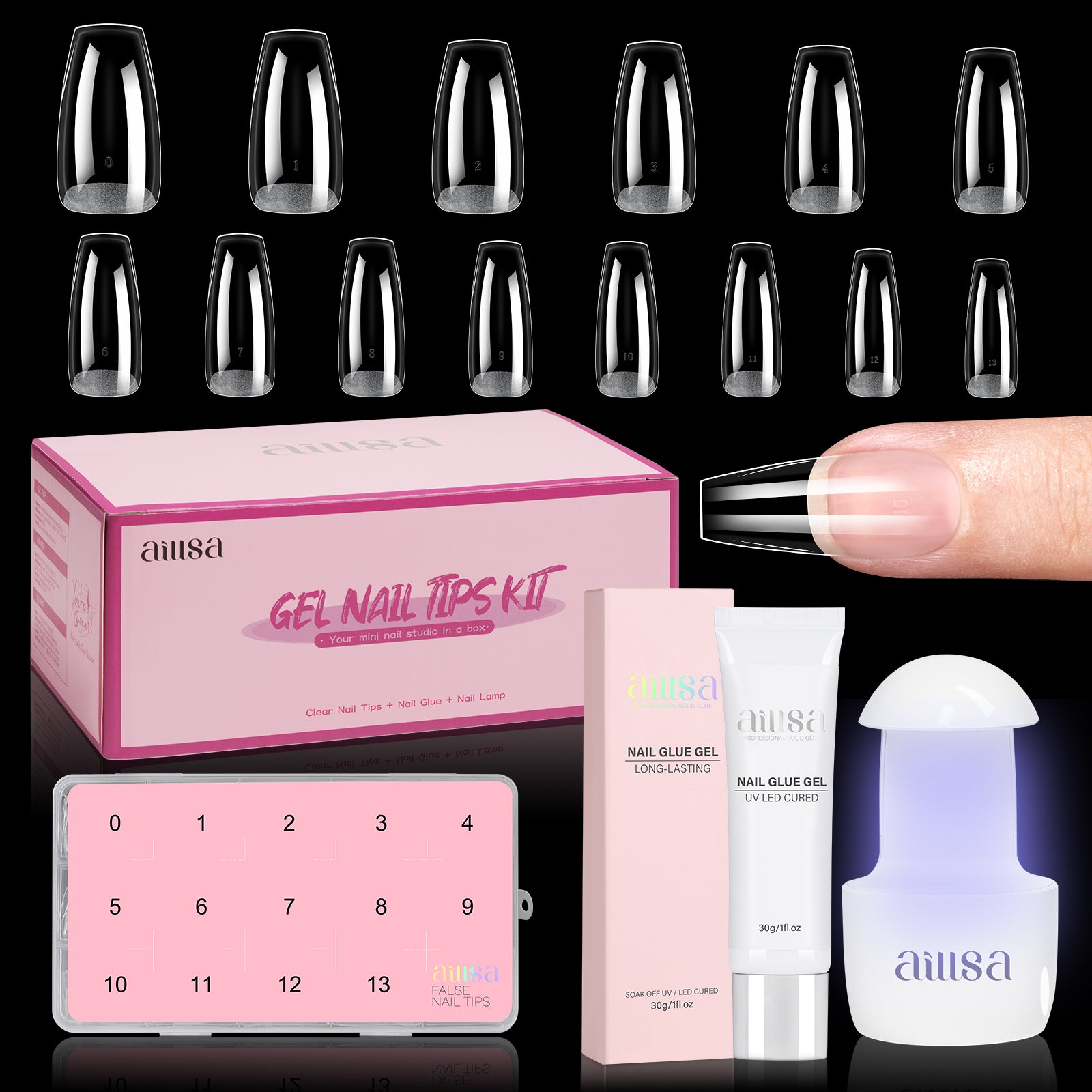 Nail Tips Set With Mini UV Cure Lamp & 30g Strong Solid Nail Glue 