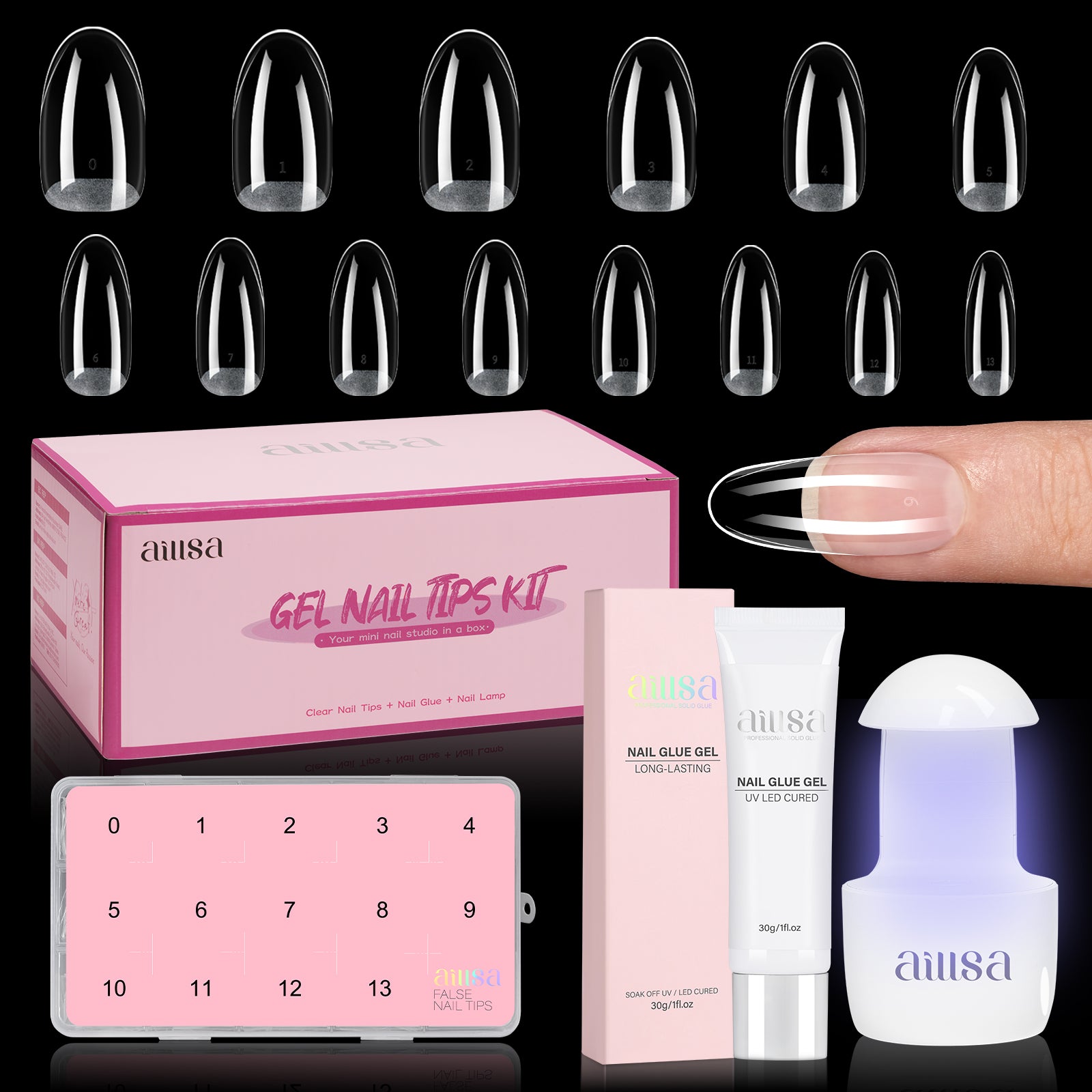 Nail Tips Set With Mini UV Cure Lamp & 30g Strong Solid Nail Glue 