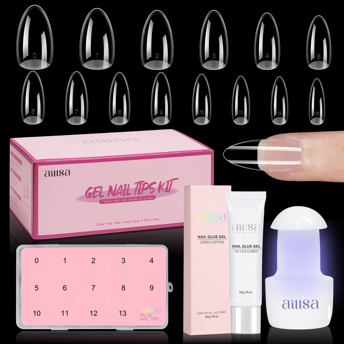 Nail Tips Set With Mini UV Cure Lamp & 30g Strong Solid Nail Glue 