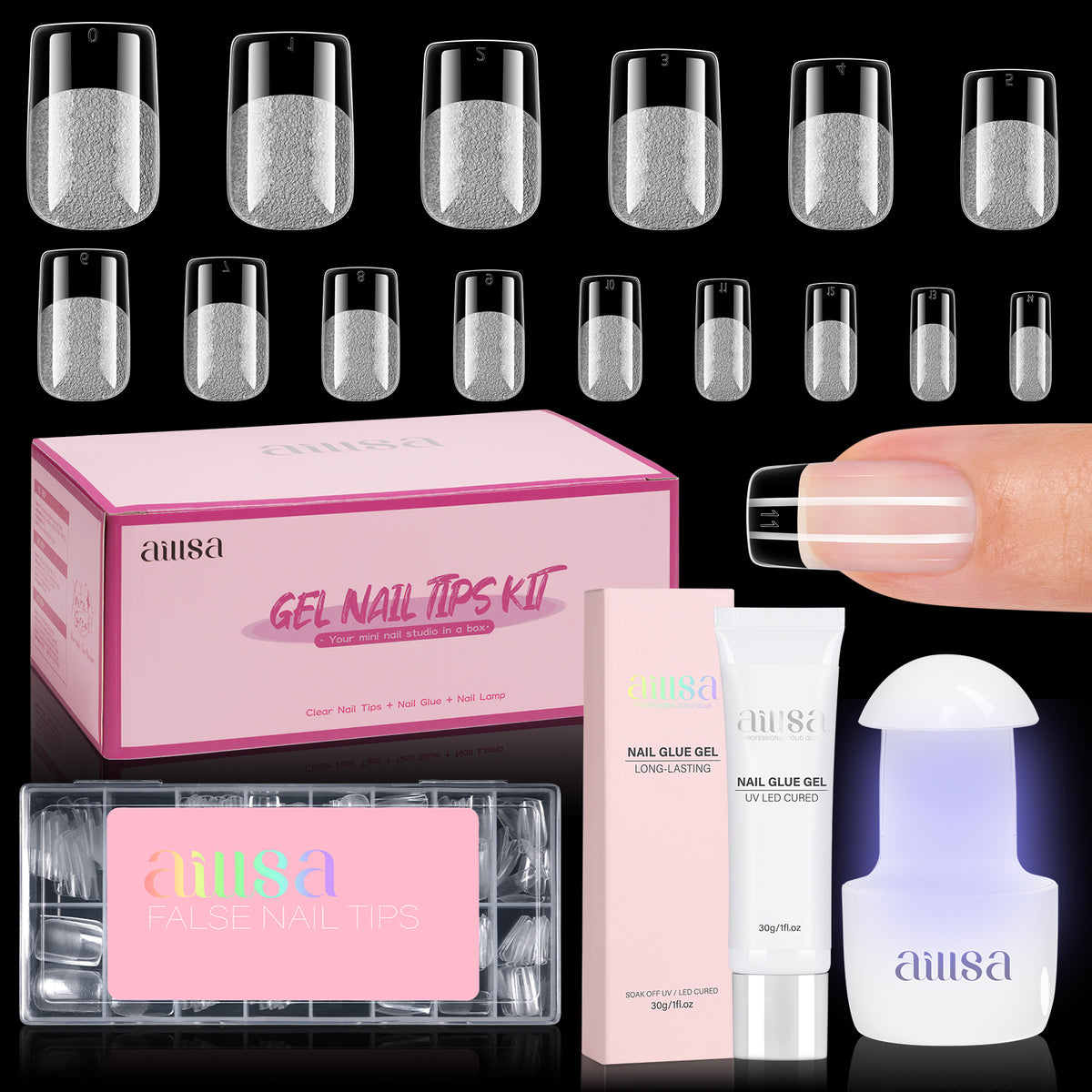 Nail Tips Set With Mini UV Cure Lamp & 30g Strong Solid Nail Glue 