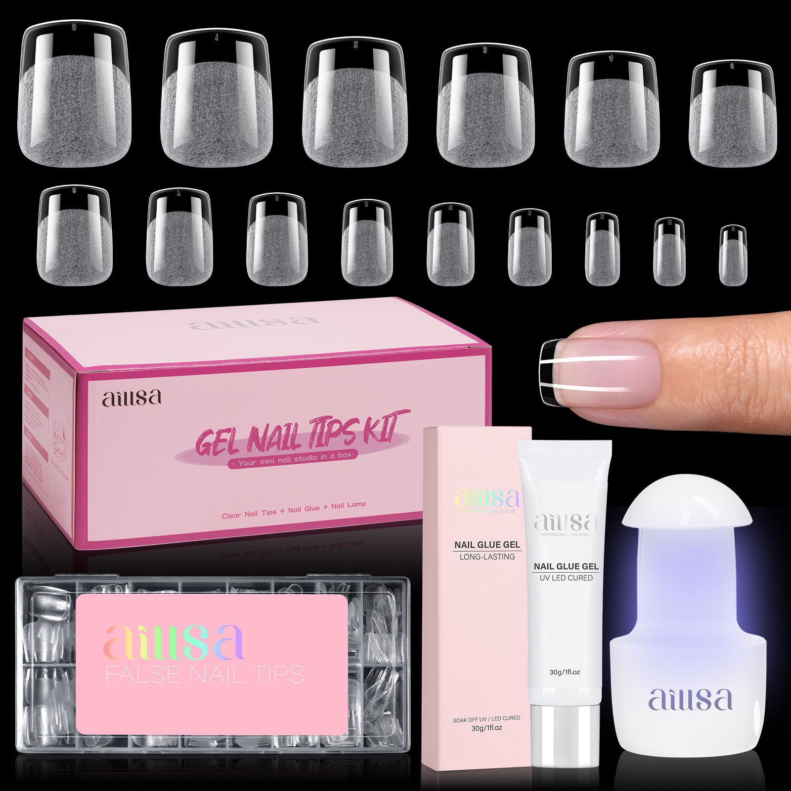 Nail Tips Set With Mini UV Cure Lamp & 30g Strong Solid Nail Glue 