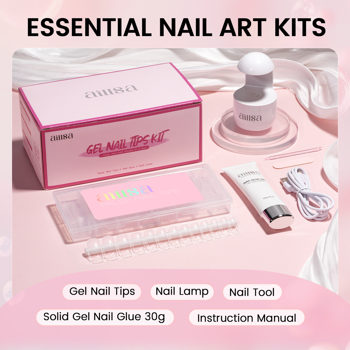Nail Tips Set With Mini UV Cure Lamp & 30g Strong Solid Nail Glue 