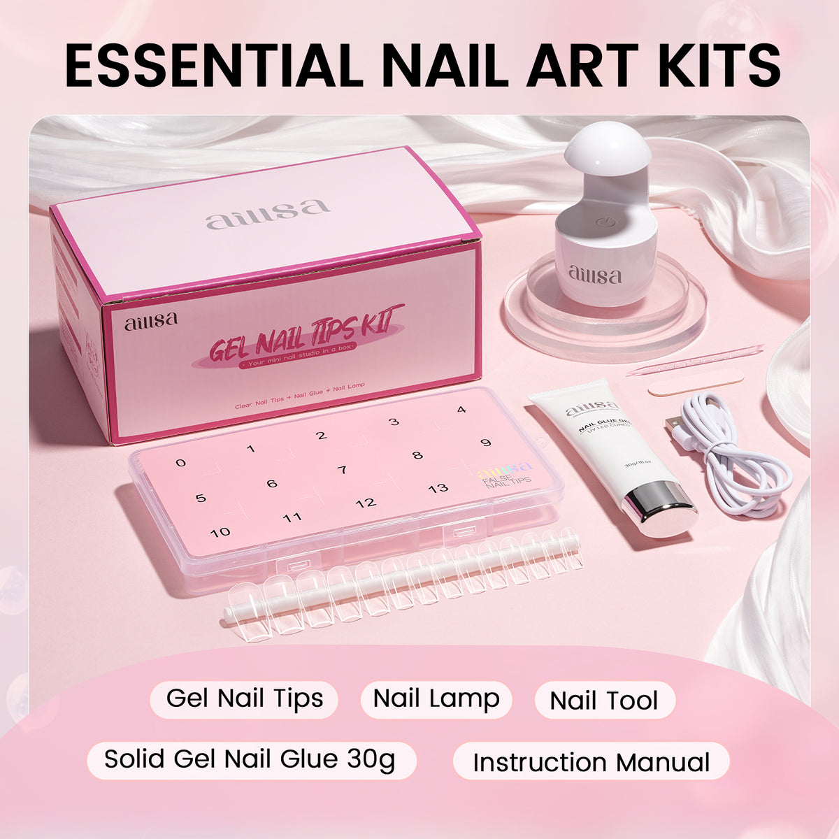 Nail Tips Set With Mini UV Cure Lamp & 30g Strong Solid Nail Glue 