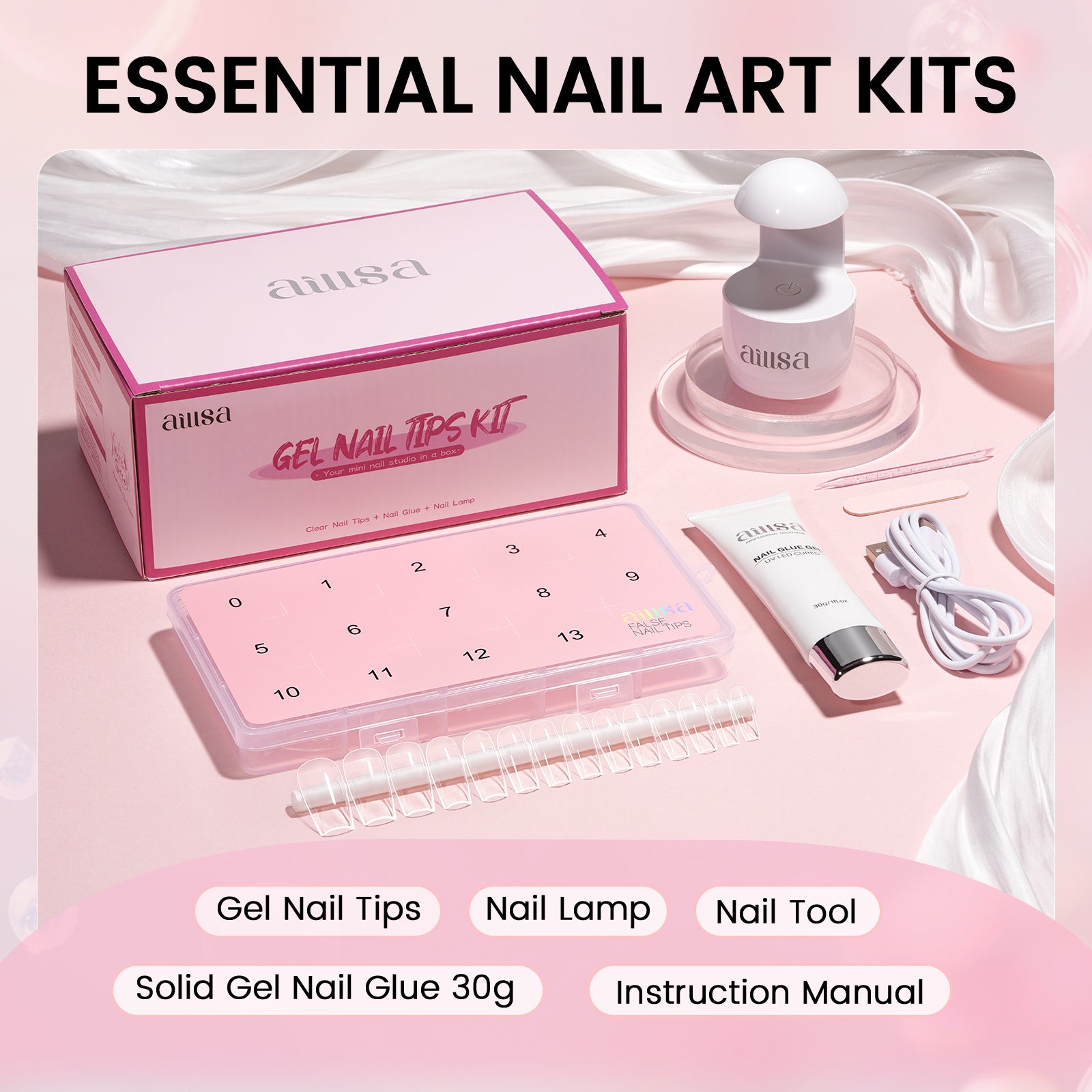 Nail Tips Set With Mini UV Cure Lamp & 30g Strong Solid Nail Glue 
