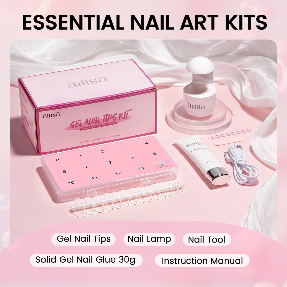 Nail Tips Set With Mini UV Cure Lamp & 30g Strong Solid Nail Glue 