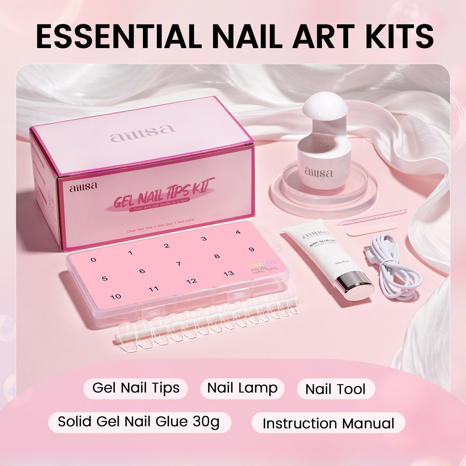 Nail Tips Set With Mini UV Cure Lamp & 30g Strong Solid Nail Glue 