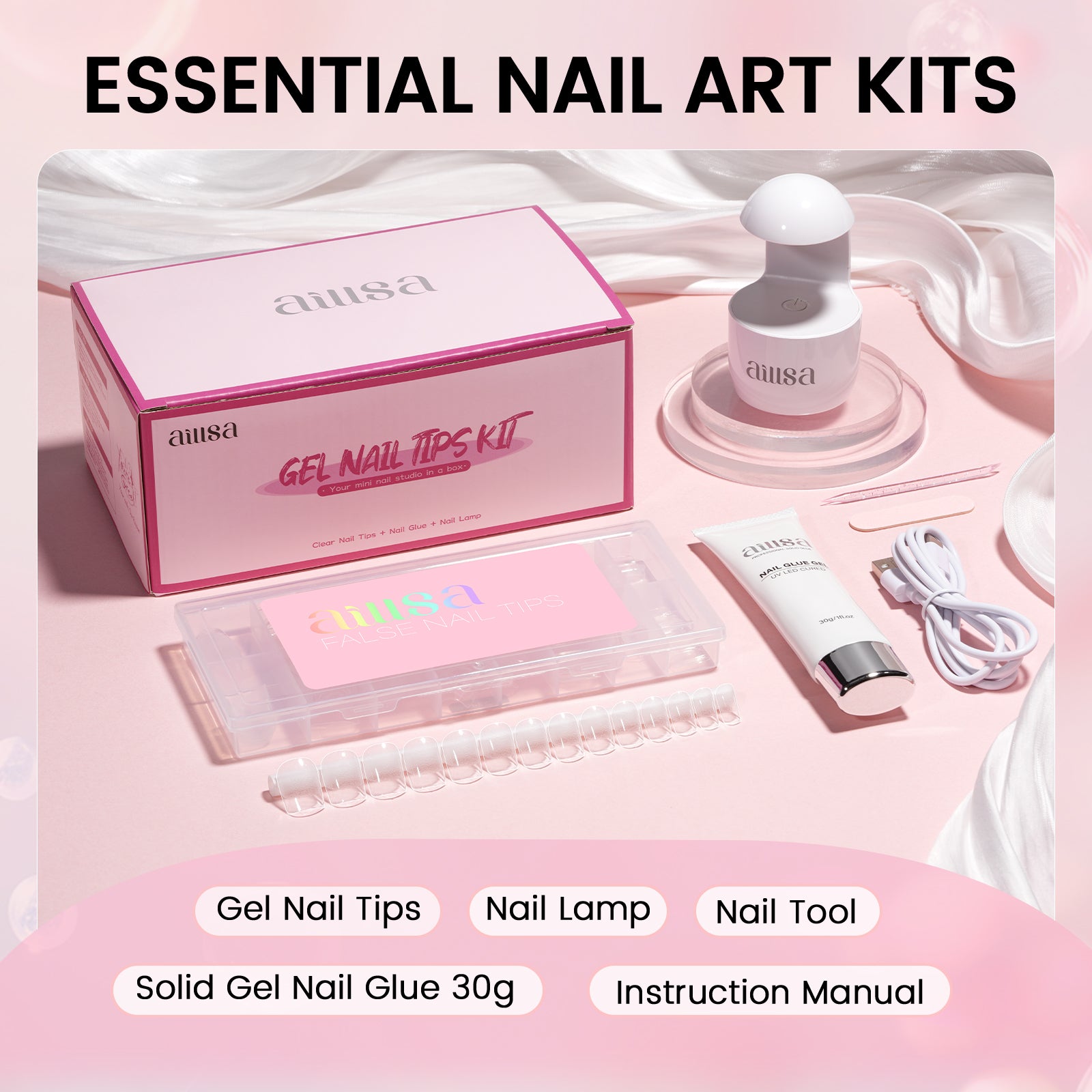 Nail Tips Set With Mini UV Cure Lamp & 30g Strong Solid Nail Glue 
