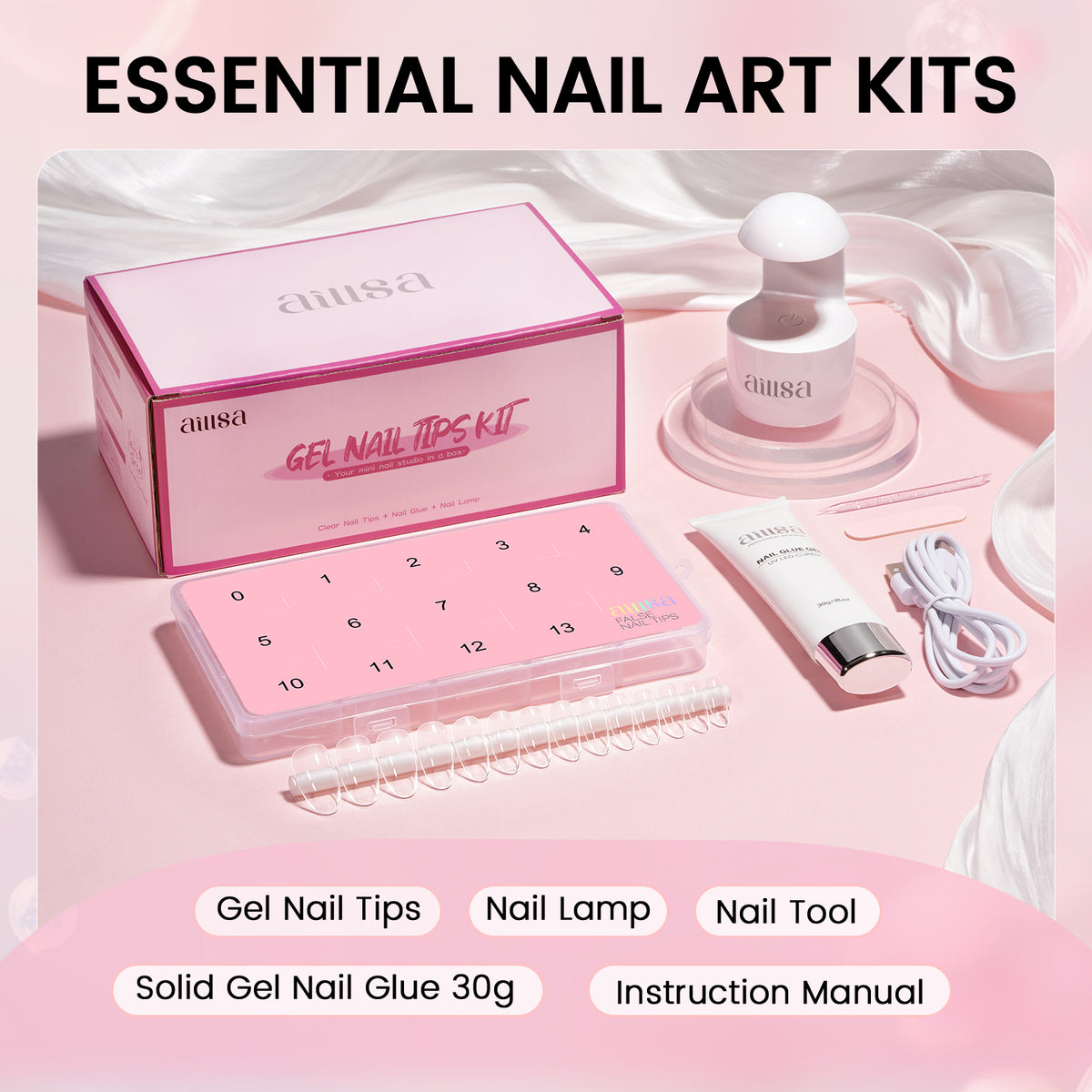 Nail Tips Set With Mini UV Cure Lamp & 30g Strong Solid Nail Glue 