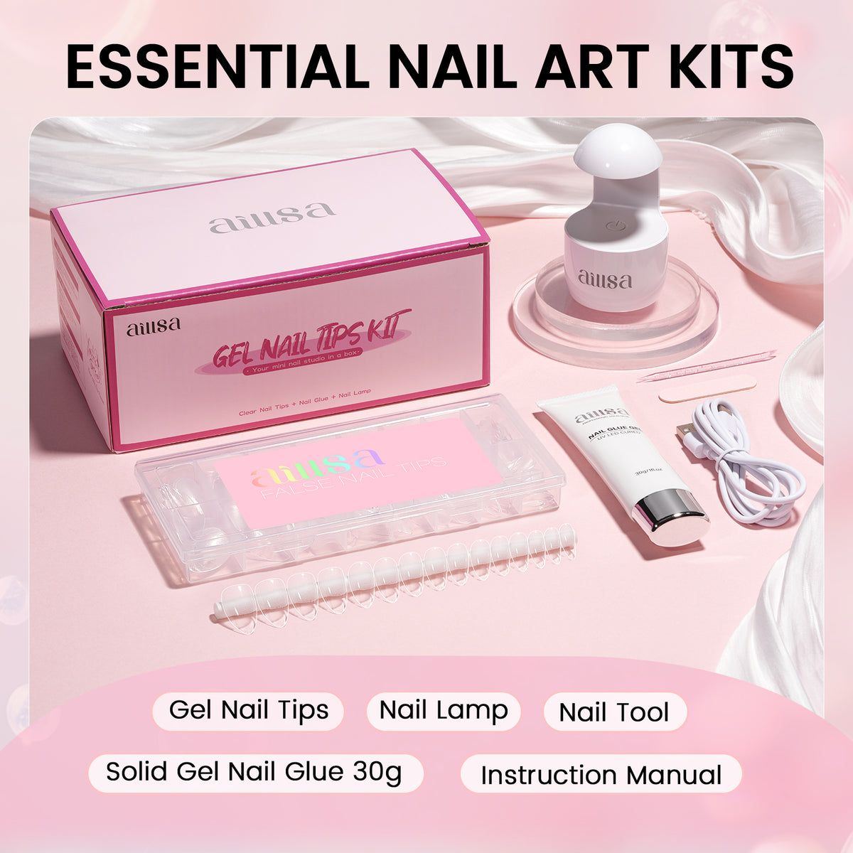 Nail Tips Set With Mini UV Cure Lamp & 30g Strong Solid Nail Glue 