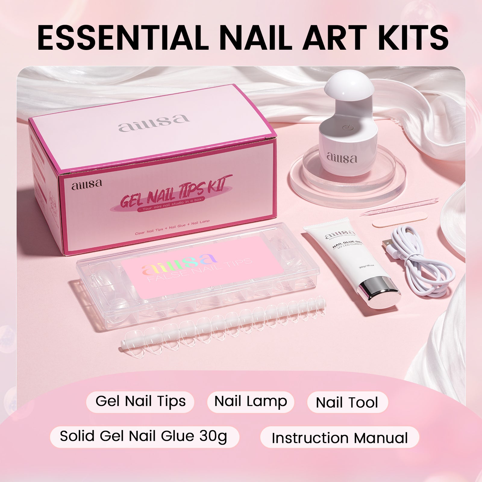 Nail Tips Set With Mini UV Cure Lamp & 30g Strong Solid Nail Glue 