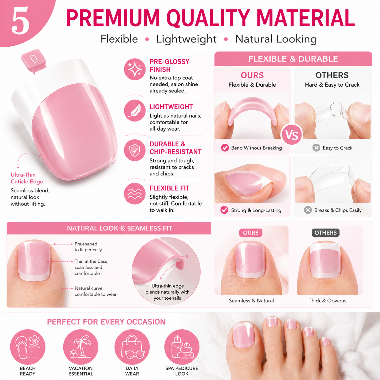 AILLSA Square Glossy French Tip Toe Nail Press on