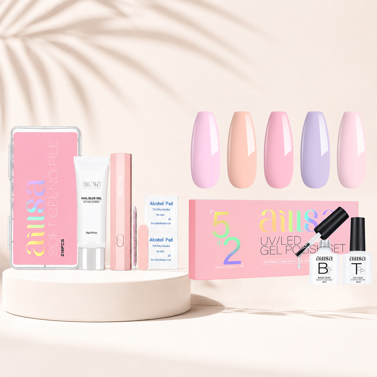 216Pcs Acrylic Pre-Filed Fake Press on Kit & 7PCS Gel Nail Polish Set 