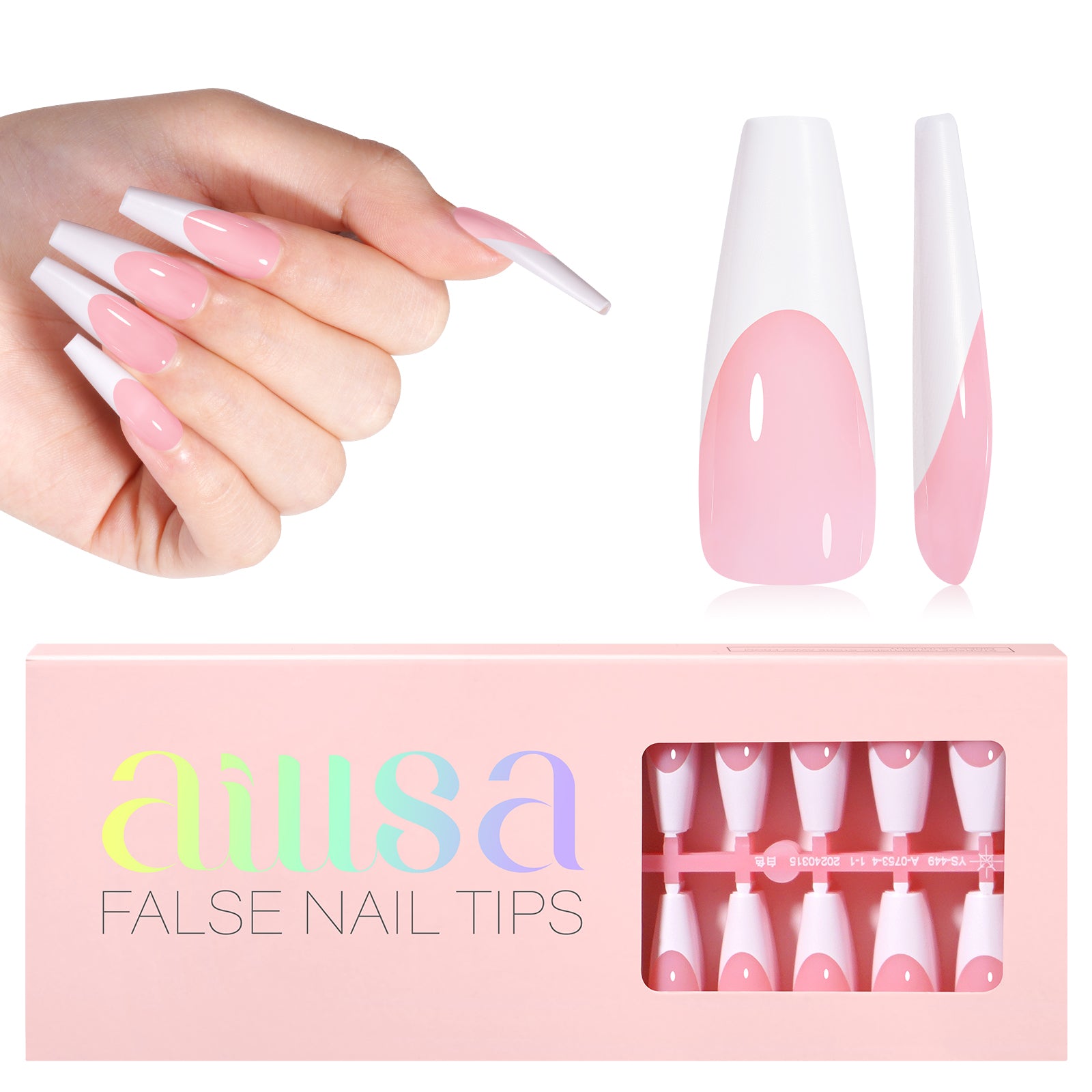 Long Coffin French Tip Press on Nails 