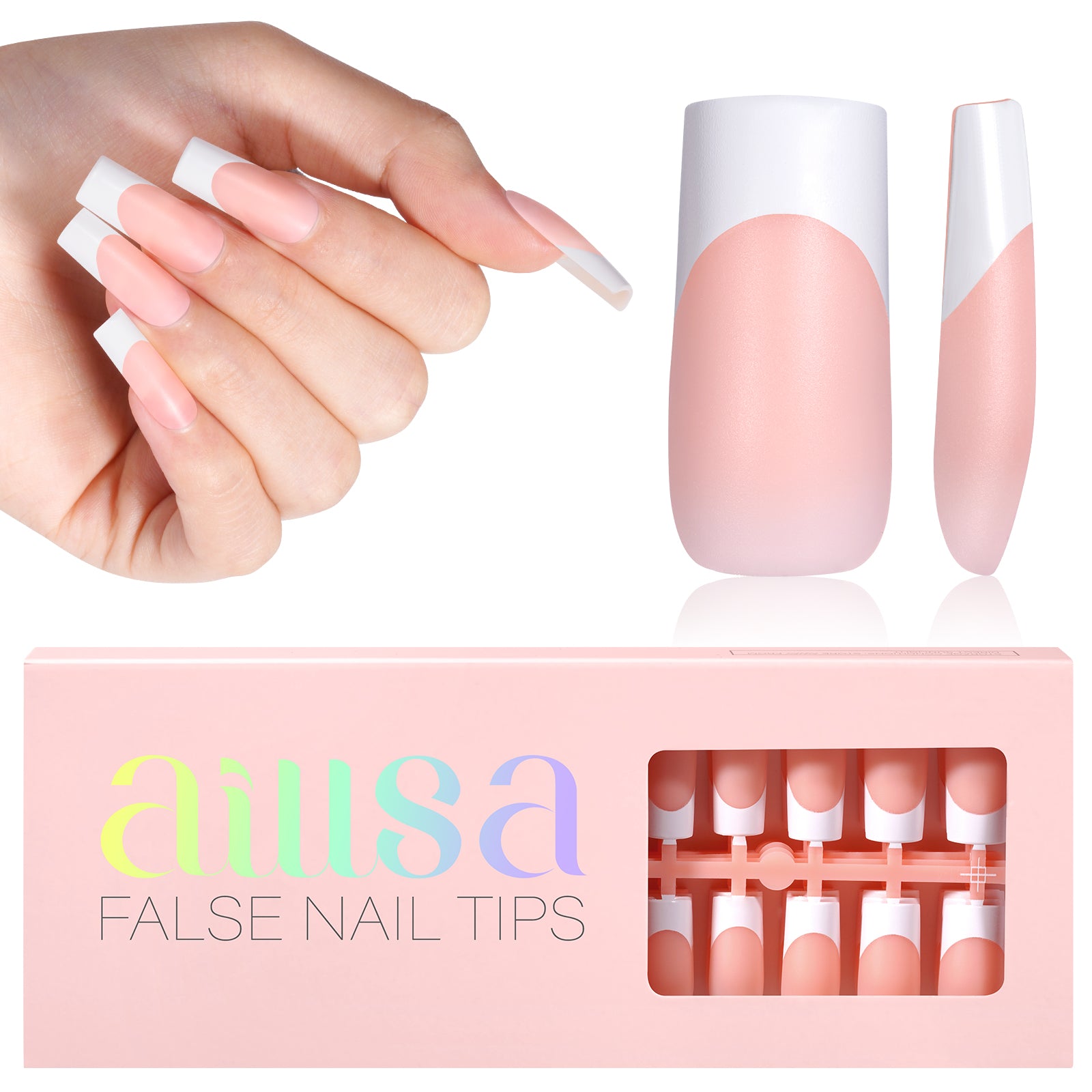 Medium Square French Tip Press on Nails #Peach-nude