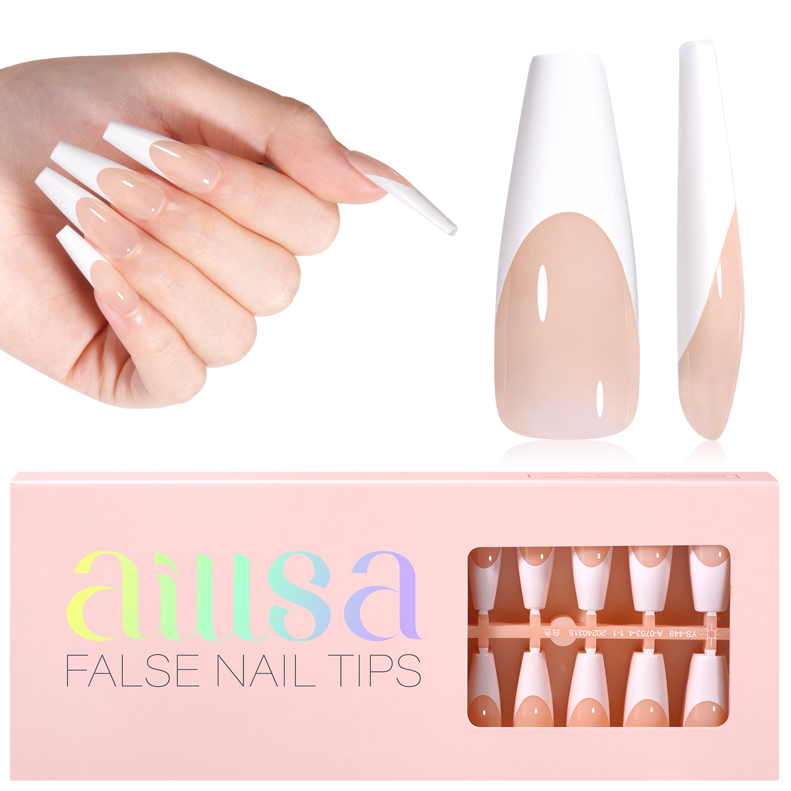 Long Coffin French Tip Press on Nails 