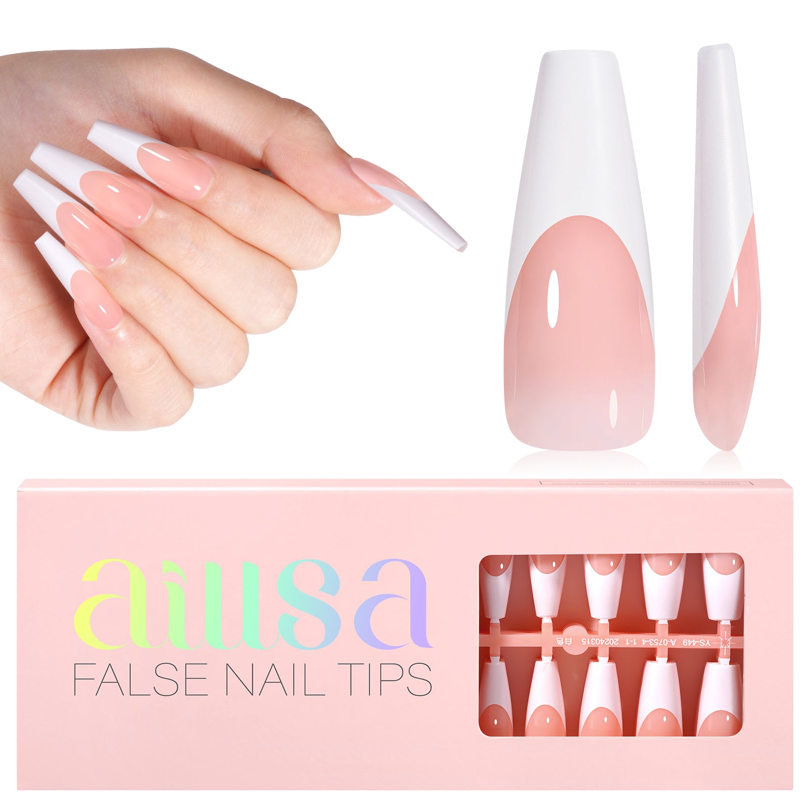 Long Coffin French Tip Press on Nails 