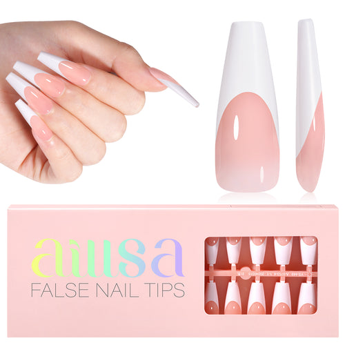 Long Coffin French Tip Press on Nails #Peach-nude