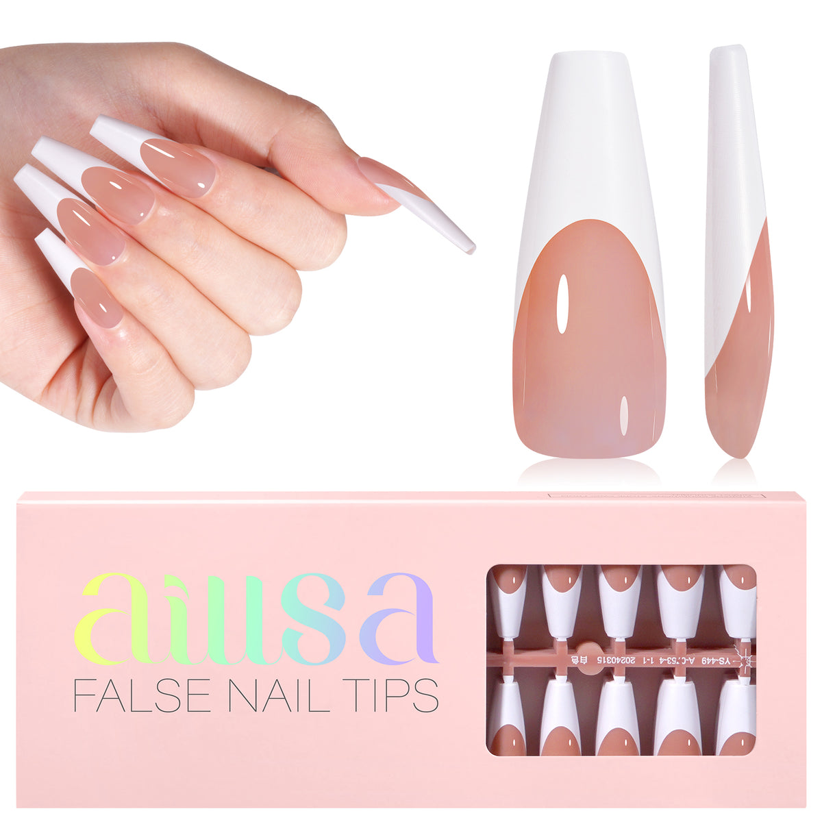 Long Coffin French Tip Press on Nails 