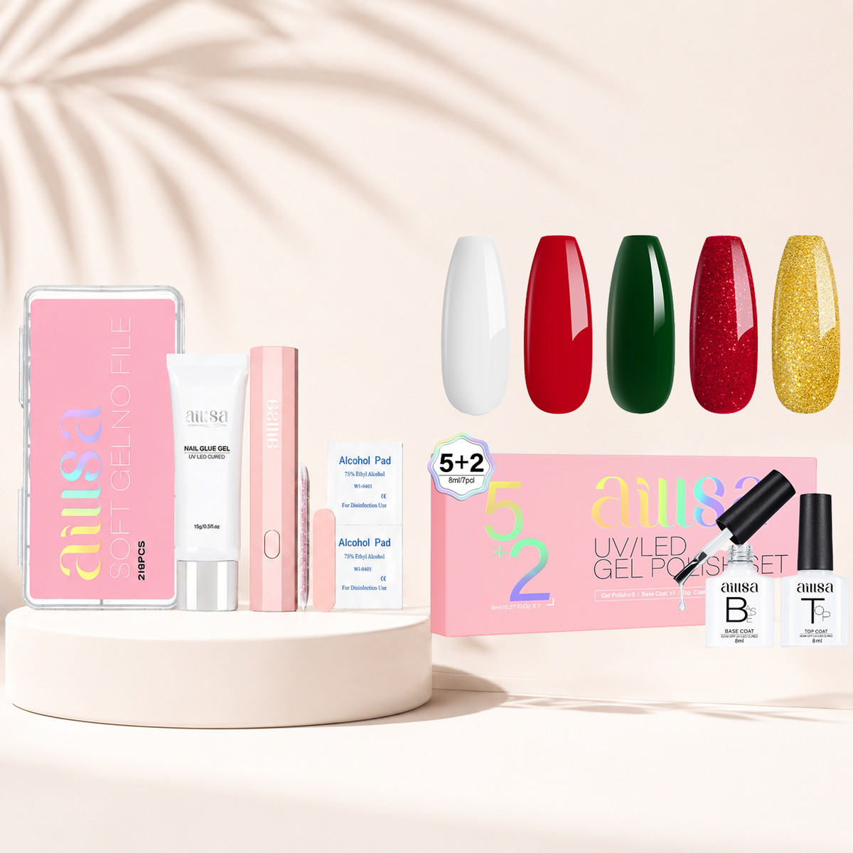 216Pcs Acrylic Pre-Filed Fake Press on Kit & 7PCS Gel Nail Polish Set 
