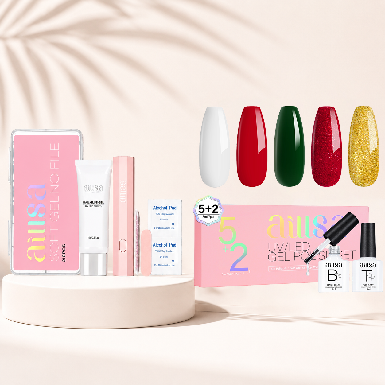 216Pcs Acrylic Pre-Filed Fake Press on Kit & 7PCS Gel Nail Polish Set 