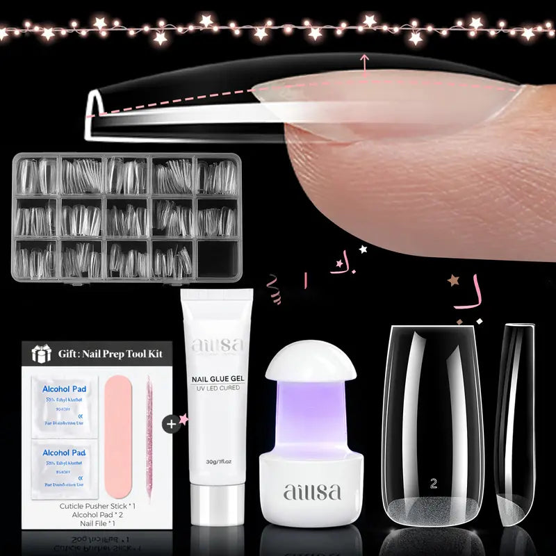 Nail Tips Set With Mini UV Cure Lamp & 30g Strong Solid Nail Glue 