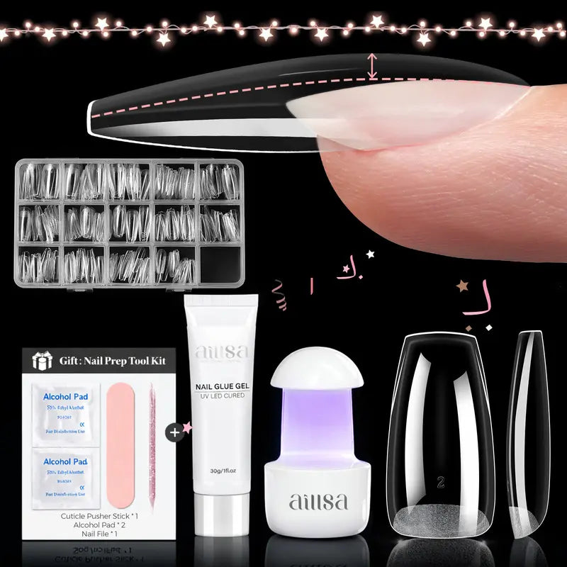 Nail Tips Set With Mini UV Cure Lamp & 30g Strong Solid Nail Glue 