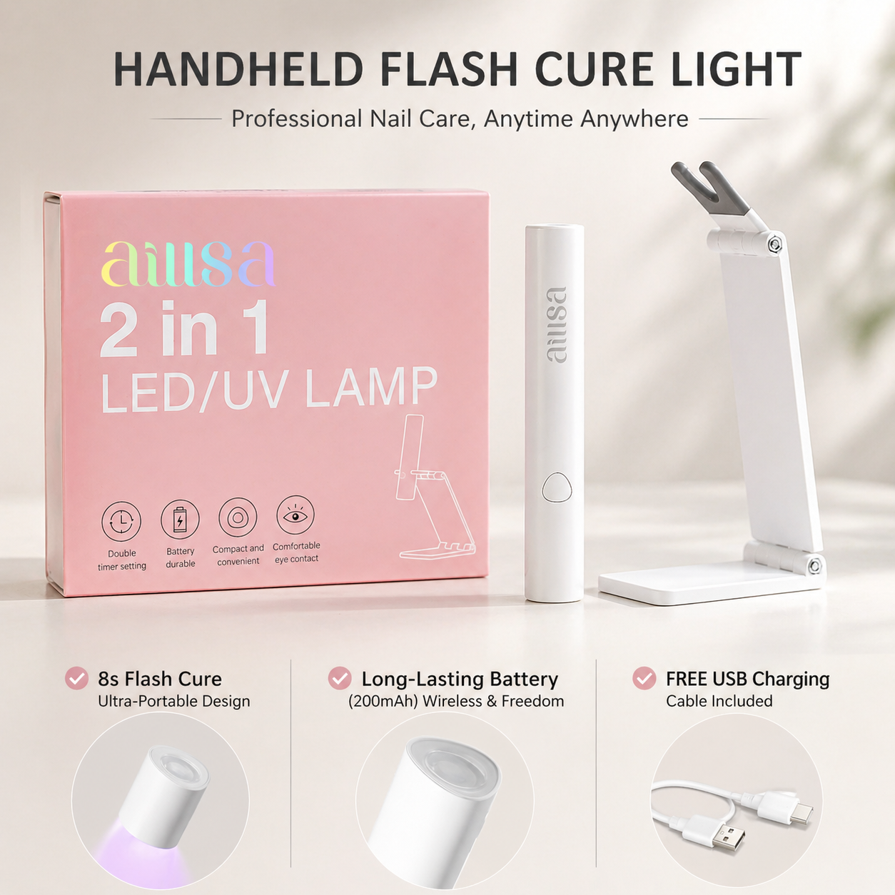 AILLSA Glamhold Solid Nail Glue Set With Handheld UV Lamp for Press On Nails  