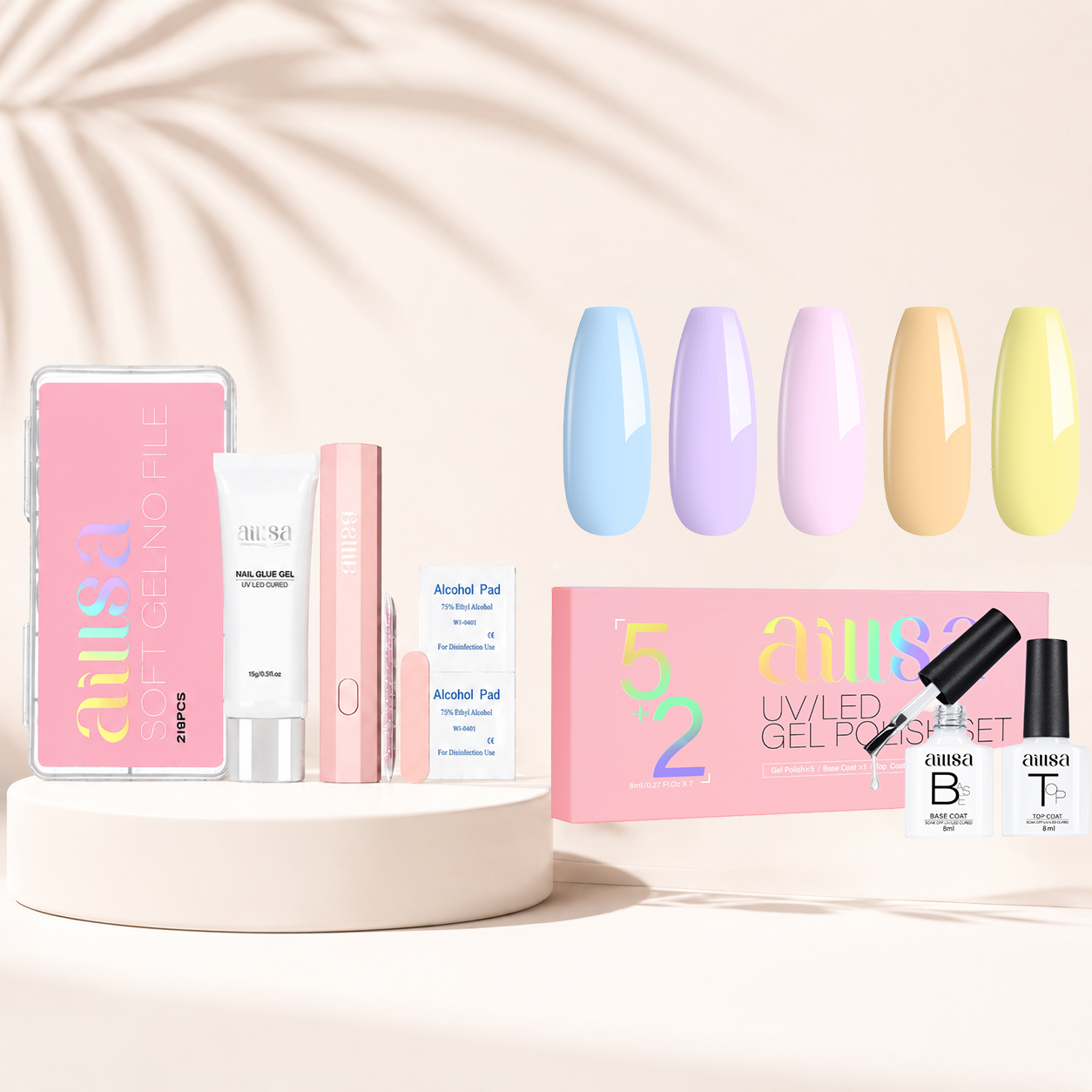 216Pcs Acrylic Pre-Filed Fake Press on Kit & 7PCS Gel Nail Polish Set 