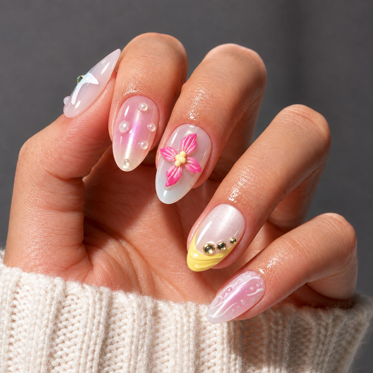 AILLSA 3D French Tip Press On Nails   