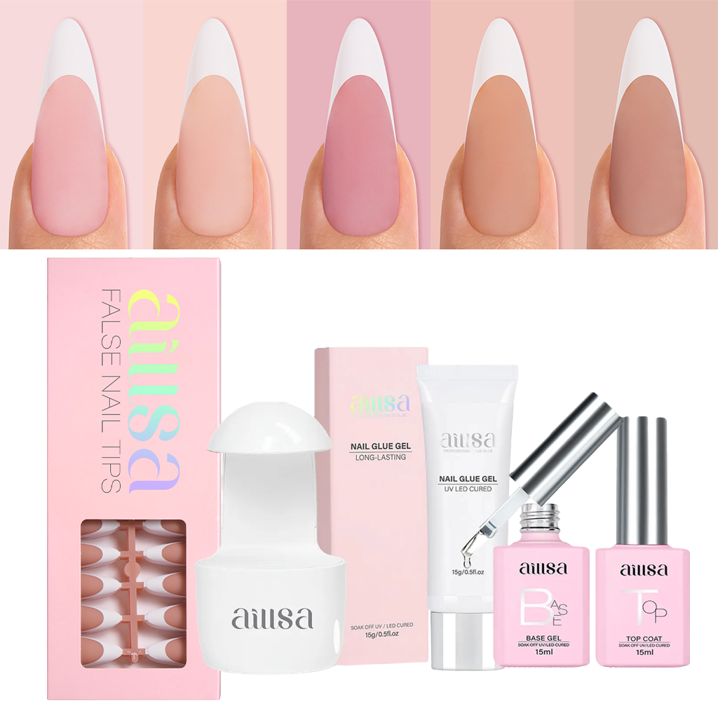 AILLSA 5 Colors French Tip Press On Nails 150Pcs Set With Gel Glue 