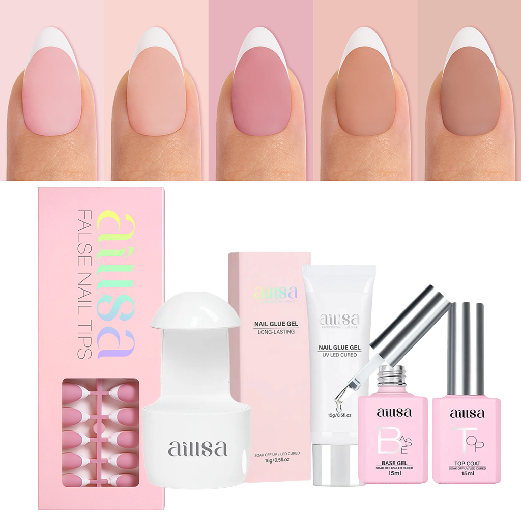 AILLSA 5 Colors French Tip Press On Nails 150Pcs Set With Gel Glue 