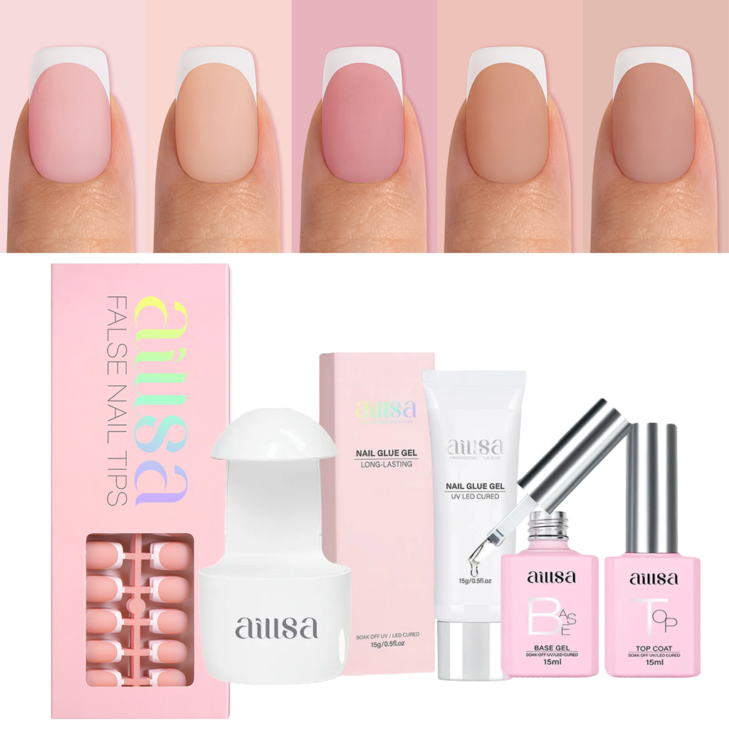 AILLSA 5 Colors French Tip Press On Nails 150Pcs Set With Gel Glue 