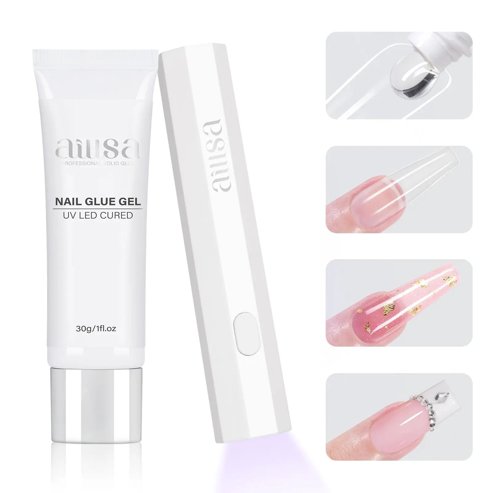 AILLSA Glamhold Solid Nail Glue Set With Handheld UV Lamp for Press On Nails  