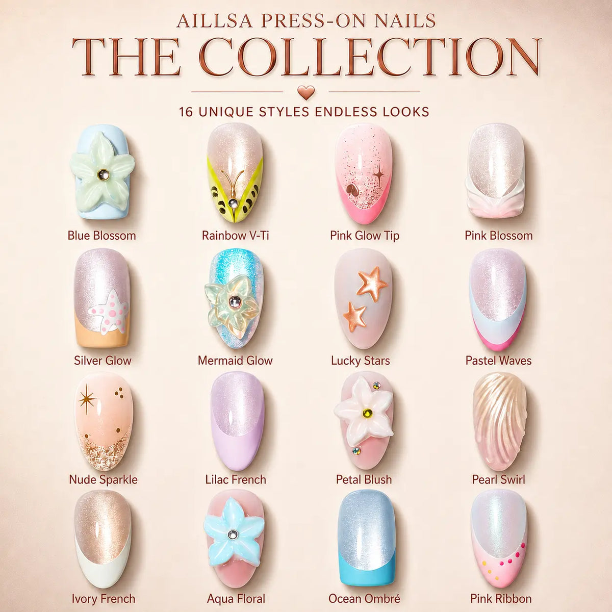 AILLSA Reusable Floral French Tip Press On Nails